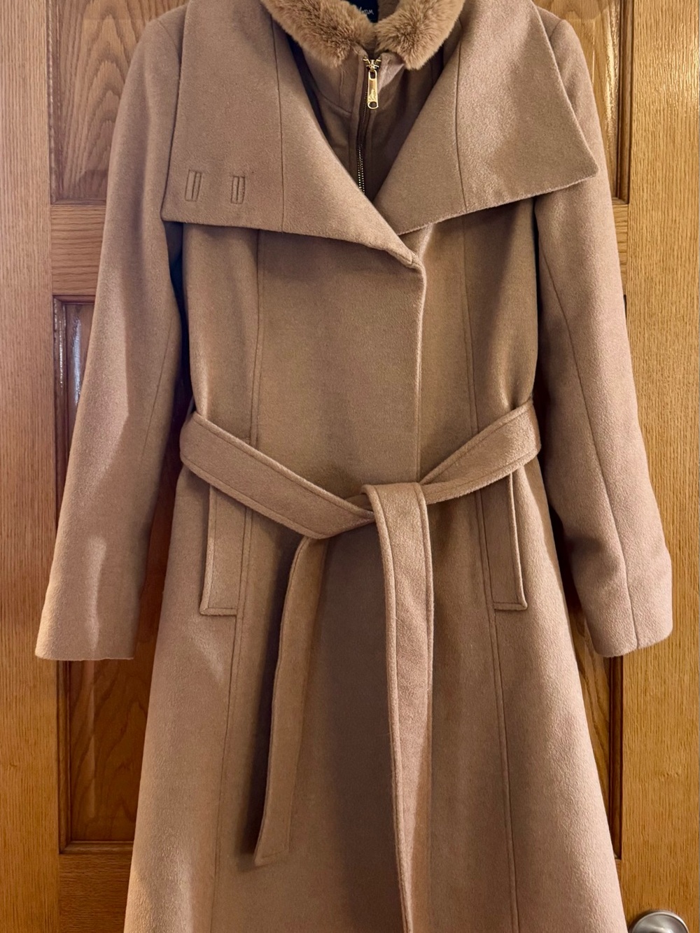 Sam EdelmanWomens Camel Wool-Blend Belted Coat with Faux Fur Collar